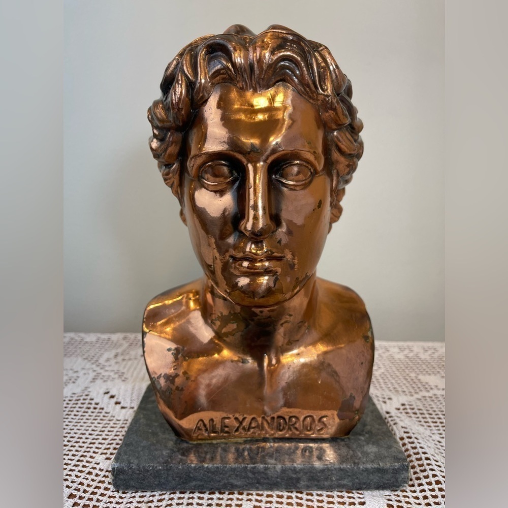 Vintage Copper ALEXANDER The Great GREEK Macedonian head statue on granite slap